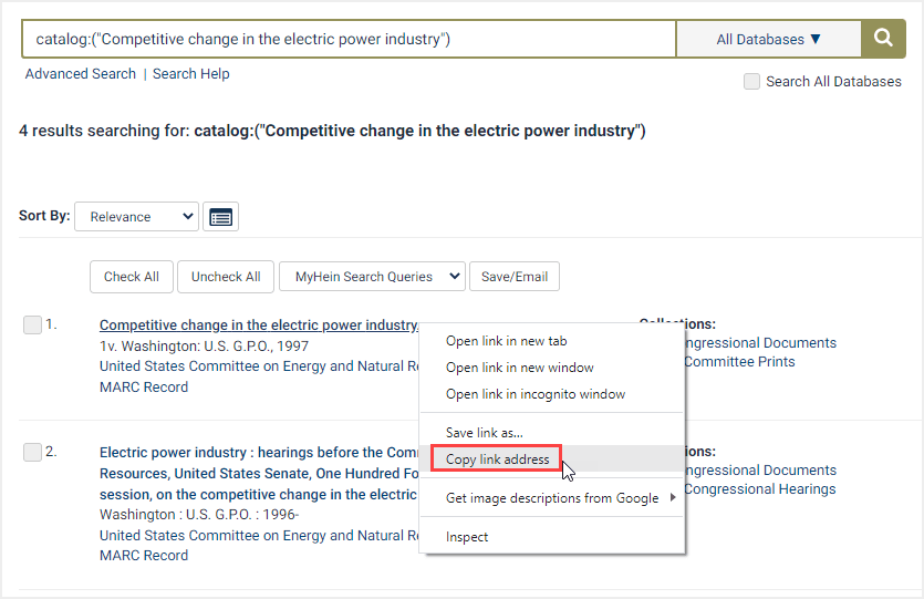 screenshot of copying link address from search results in HeinOnline