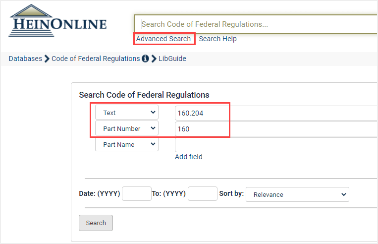 image of how to search by section in the CFR