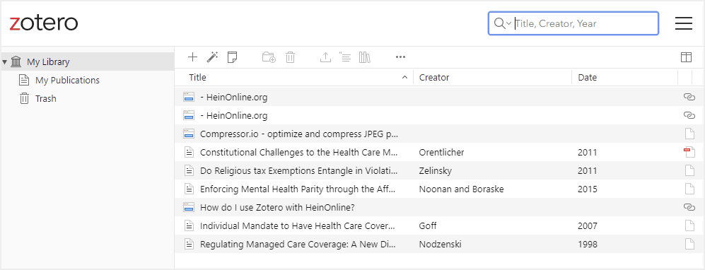 Image of documents saved within Zotero