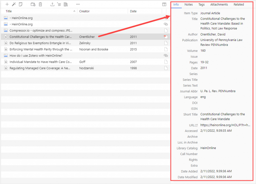 Info screenshot within Zotero interface