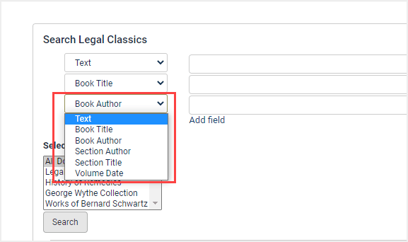 image of menu options in Legal Classics Advanced Search