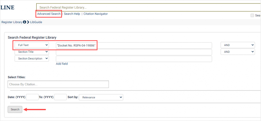 screenshot of Advanced Search for Agency Docket Number in Federal Register Library