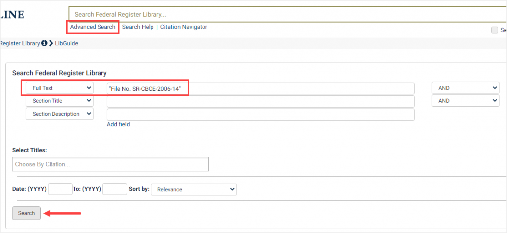 screenshot of Advanced Search for a File Number in the Federal Register Library