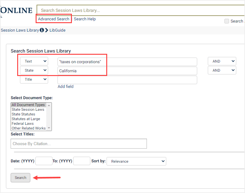 screenshot of Advanced Search for keyword in State Session Laws Library