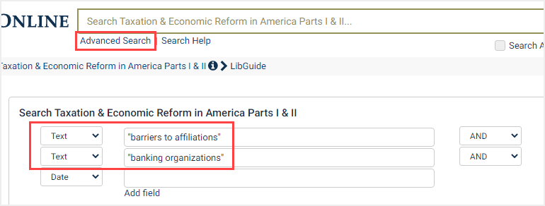 screenshot of Advanced Search by keyword in Taxation and Economic Reform in America