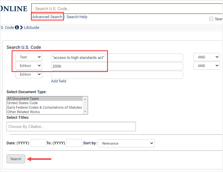 screenshot of Advanced Search for U.S. Code Edition