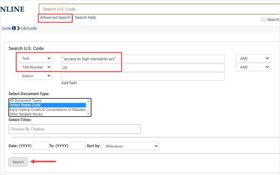 screenshot of Advanced Search by title number in United States Code