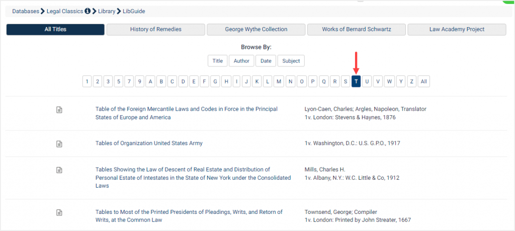 screenshot of Legal Classics database