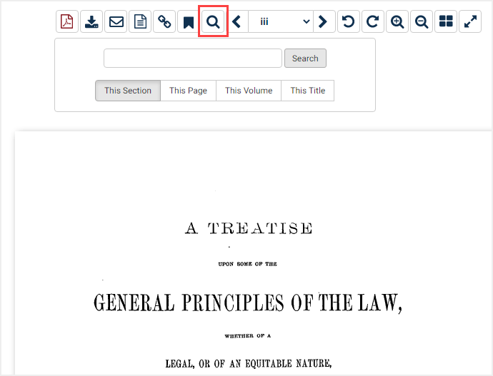 screenshot of a work in Legal Classics highlighting the "search" magnifying glass