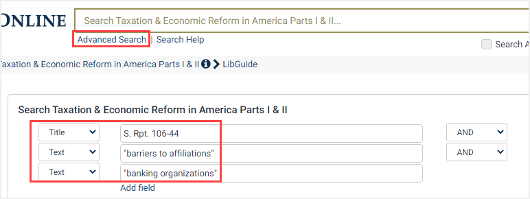 screenshot of Advanced Search in Taxation and Economic Reform in America