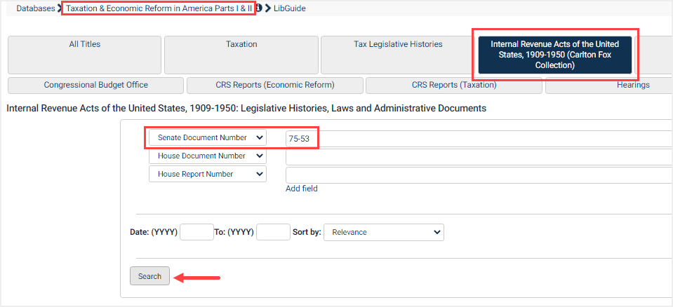 screenshot of search for Senate document number