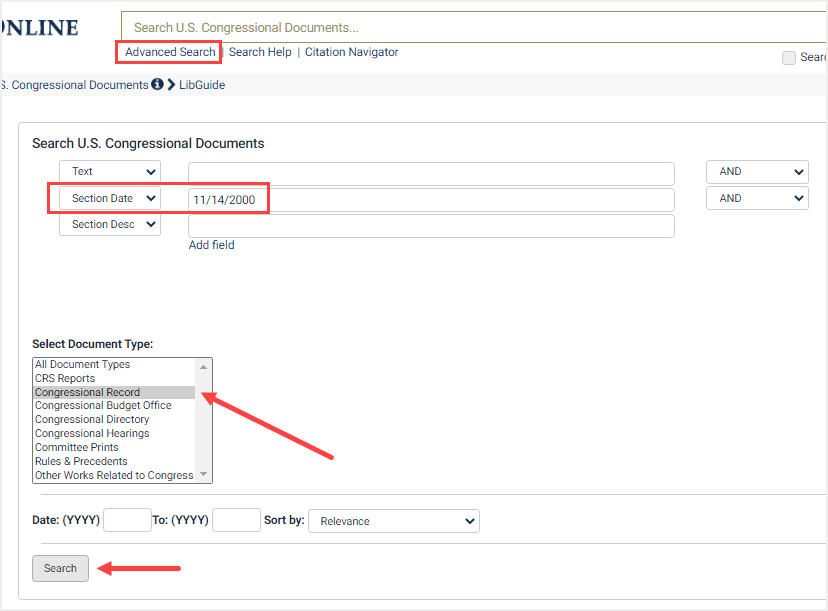 screenshot of Advanced search for date in U.S. Congressional Documents