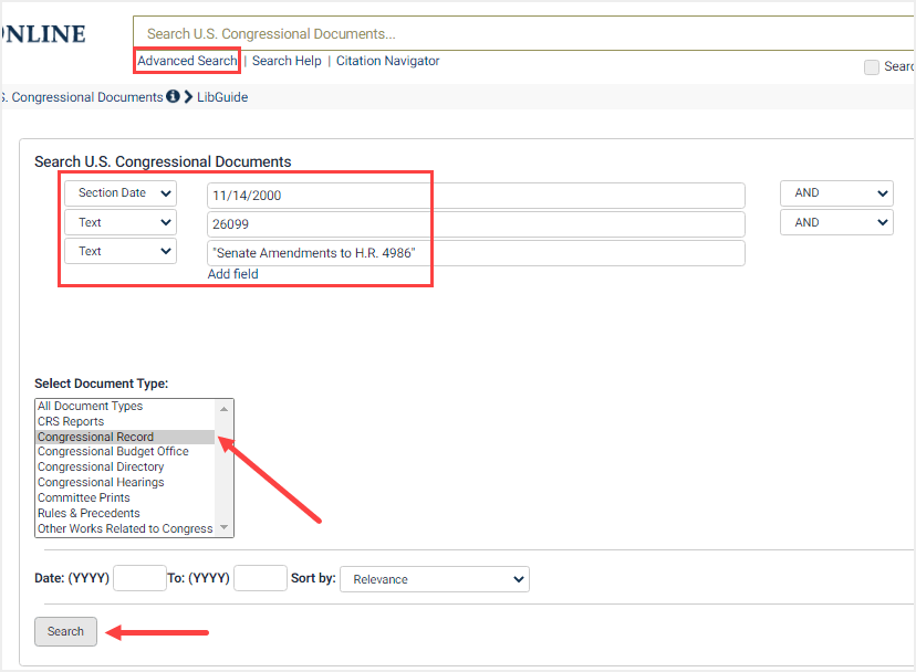 screenshot of Advanced Search for date, page, and term in U.S. Congressional Documents