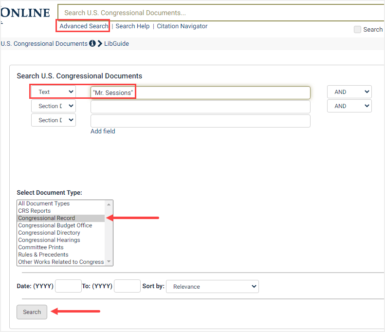 screenshot of Advanced Search in U.S. Congressional Documents