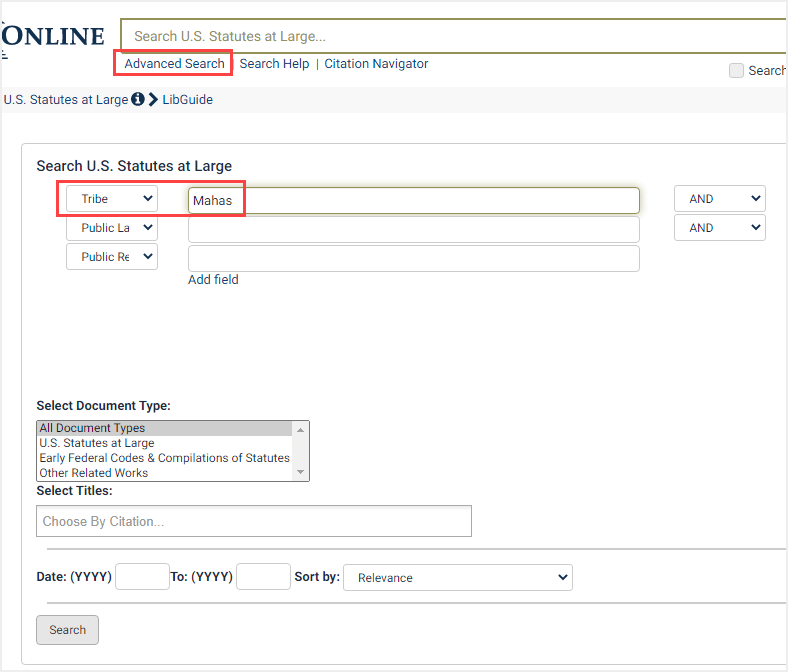 screenshot of Advanced Search for Indigenous American treaties by tribe in U.S. Statutes at Large