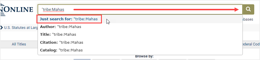 screenshot of one-box search for Indigenous American treaties by tribe in U.S. Statutes at Large