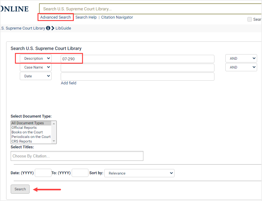 screenshot of Advanced Search in U.S. Supreme Court Library for slip opinion number