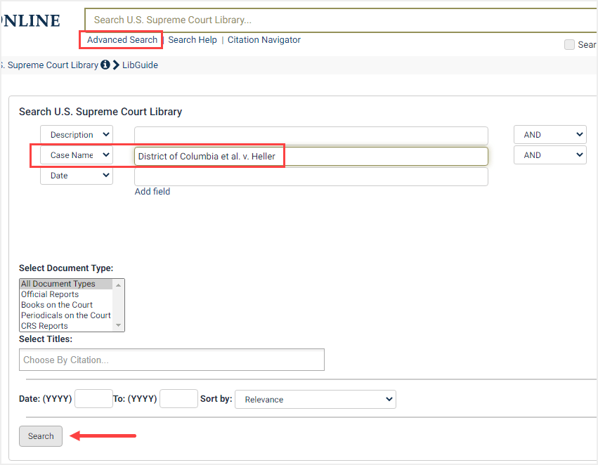 screenshot of Advanced Search in U.S. Supreme Court Library for case name