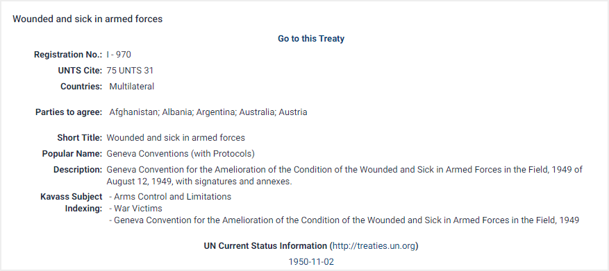 screenshot of treaty summary in HeinOnline's United Nations Law Collection