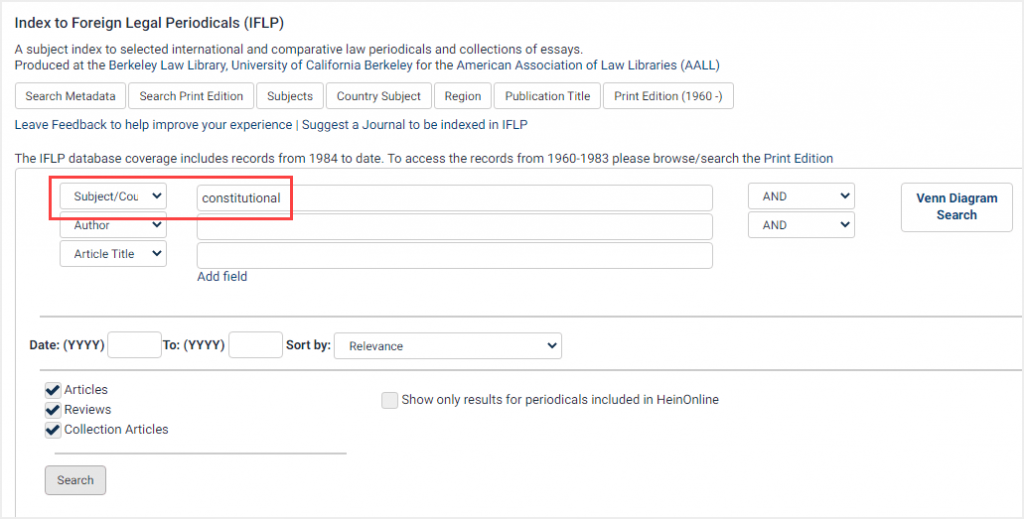 screenshot of Subject/Country search in IFLP database