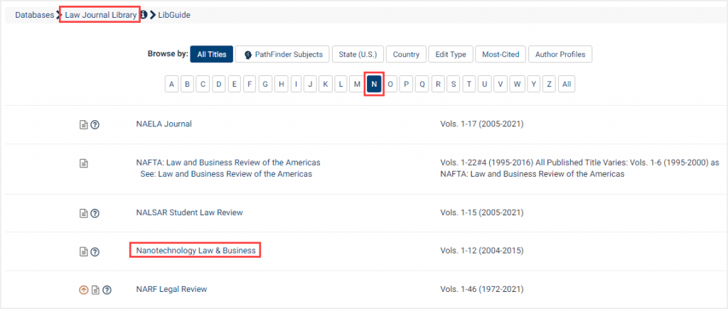 screenshot of search for journal in HeinOnline's Law Journal Library