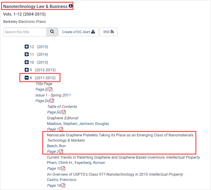 screenshot of journal in Law Journal Library highlighting specific volume and article