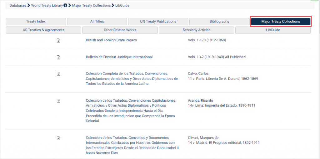 screenshot of Major Treaty Collections in World Treaty Library