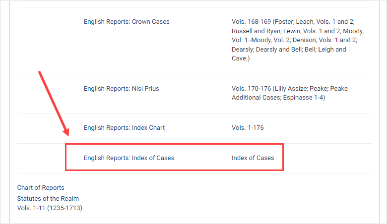 screenshot indicating English Reports: Index of Cases