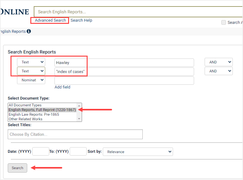 screenshot of Advanced Search in English Reports