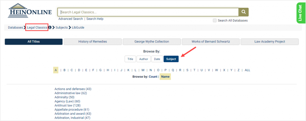 screenshot of browse by subject in Legal Classics