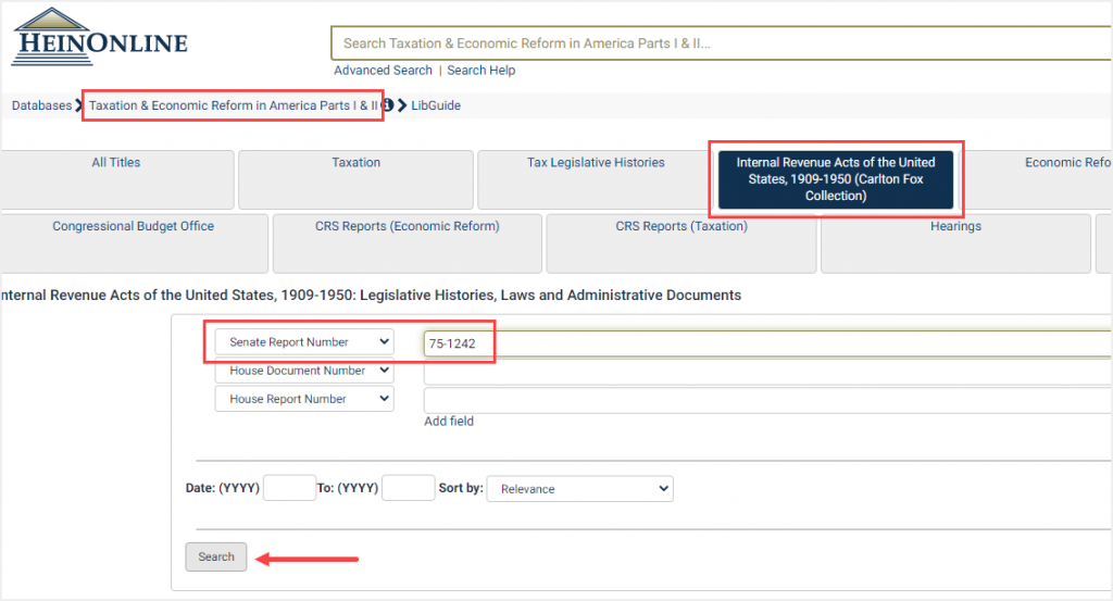 screenshot of search for senate report number in Internal Revenue Acts of the United States