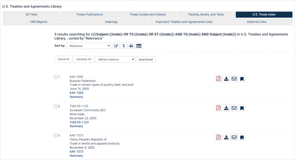 screenshot of search results in U.S. Treaties and Agreements Library