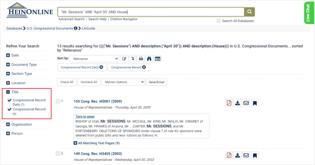 screenshot of search results in U.S. Congressional Documents highlighting Title facet