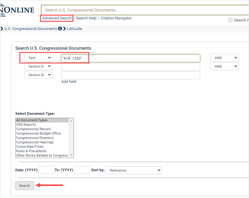 screenshot of Advanced Search for bill number in U.S. Congressional Documents