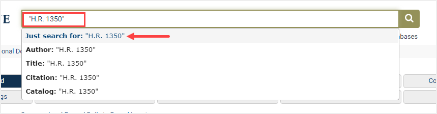 screenshot of one-box search for bill number in U.S. Congressional Documents