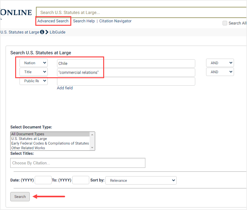 screenshot of Advanced Search in U.S. Statutes at Large for a treaty by nation