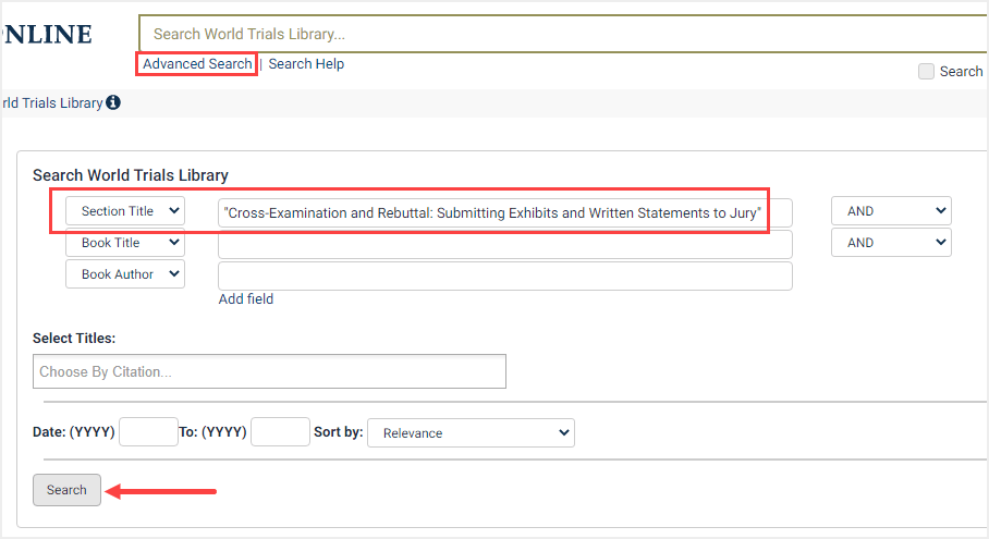 screenshot of Advanced Search for title of a section or document in World Trials Library