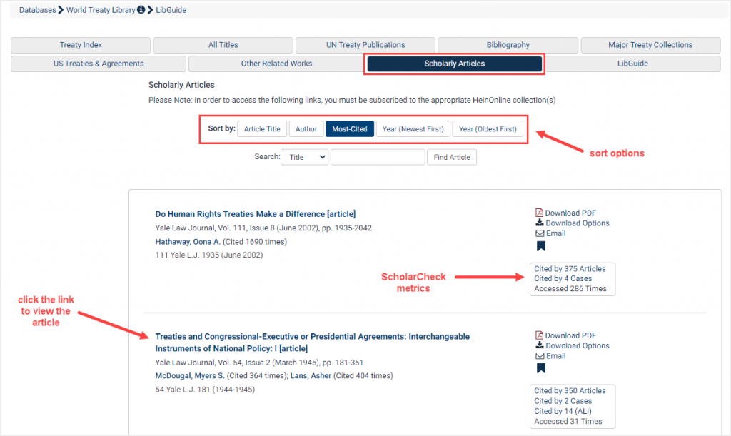 screenshot of search for scholarly articles in World Treaty Library