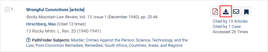 screenshot of search result in HeinOnline featuring download options icon