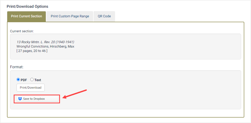 screenshot of print/download options in HeinOnline featuring Save to Dropbox option