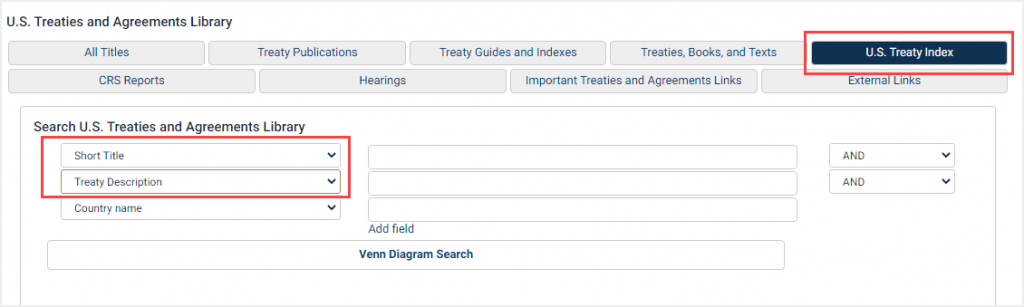 screenshot of search in U.S. Treaty Index