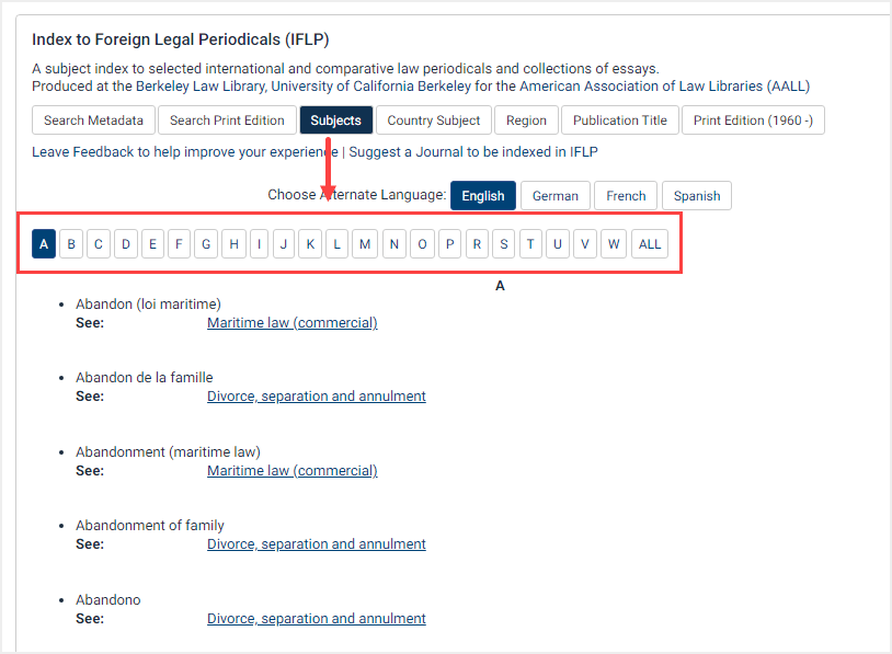 screenshot of subject search in Index of Foreign Legal Periodicals