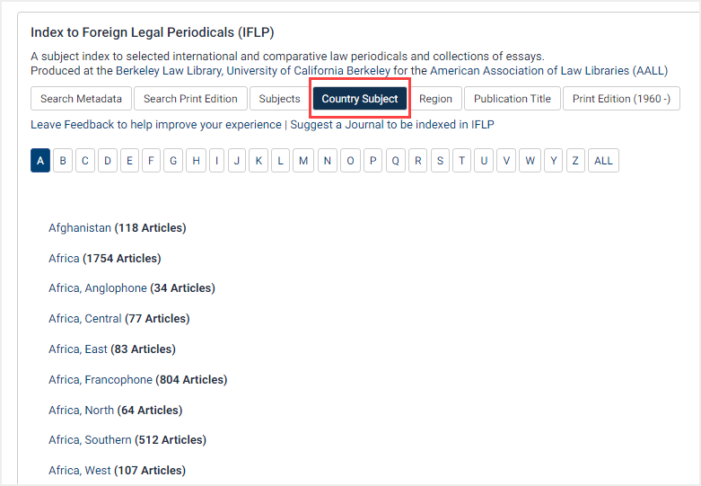 screenshot of country subject search in IFLP