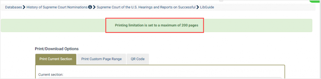 screenshot of message in HeinOnline that pops up when users download a document that exceeds 200 pages