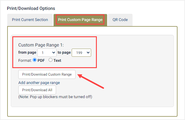 screenshot of custom page range print/download option in HeinOnline