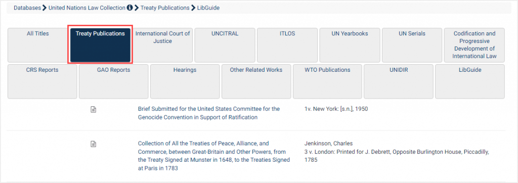 screenshot of Treaty Publications subcollection in United Nations Law Collection