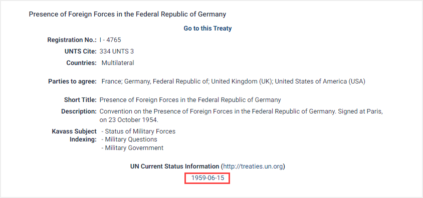 screenshot of Treaty Summary featuring UN Current Status Information Link