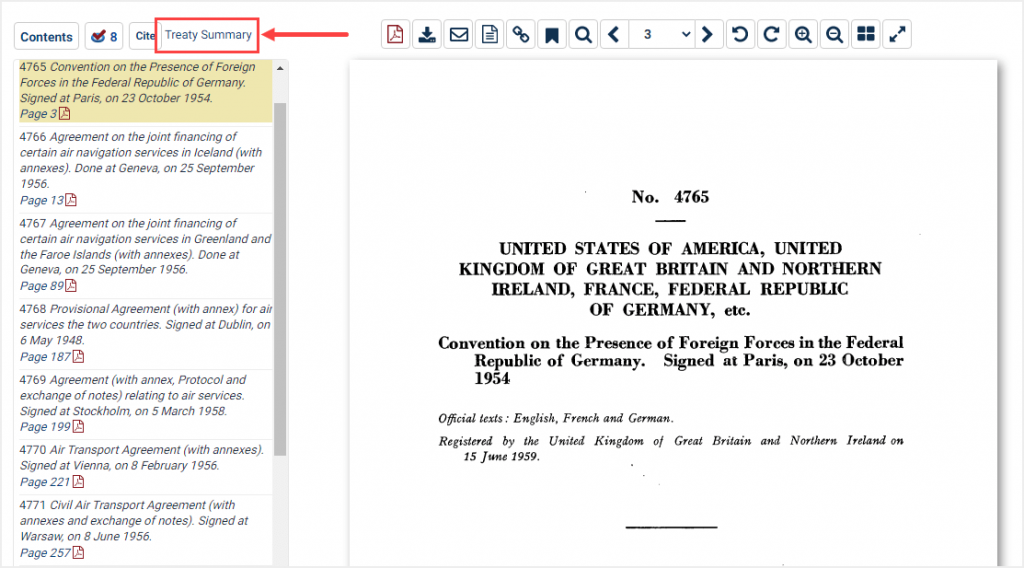 screenshot of treaty highlighting Treaty Summary option