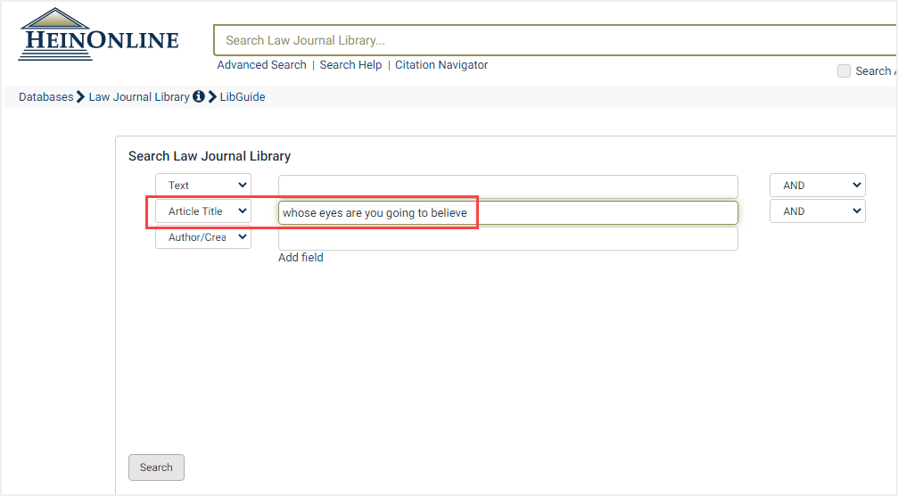 screenshot of Advanced Search by article title in Law Journal Article