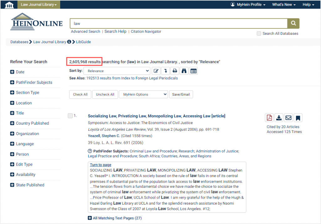 screenshot of search results in Law Journal Library